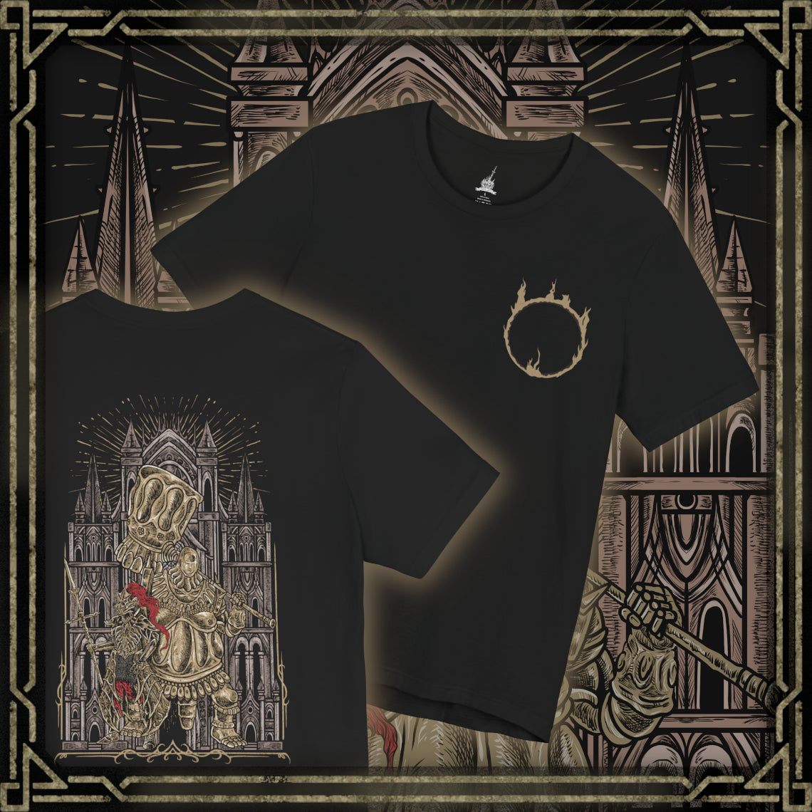 Thumbnail of a T-shirt artwork showcasing the imposing Ornstein and Smough in Anor Londo, their contrasting forms and weapons highlighting the peril of the cathedral. Lightning arcs from Ornstein’s spear as Smough swings his enormous hammer, with crumbling stone and sunlit beams reflecting the scale, strategy, and epic tension of this legendary battle.
