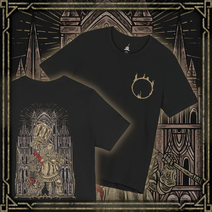 Thumbnail of a T-shirt artwork showcasing the imposing Ornstein and Smough in Anor Londo, their contrasting forms and weapons highlighting the peril of the cathedral. Lightning arcs from Ornstein’s spear as Smough swings his enormous hammer, with crumbling stone and sunlit beams reflecting the scale, strategy, and epic tension of this legendary battle.