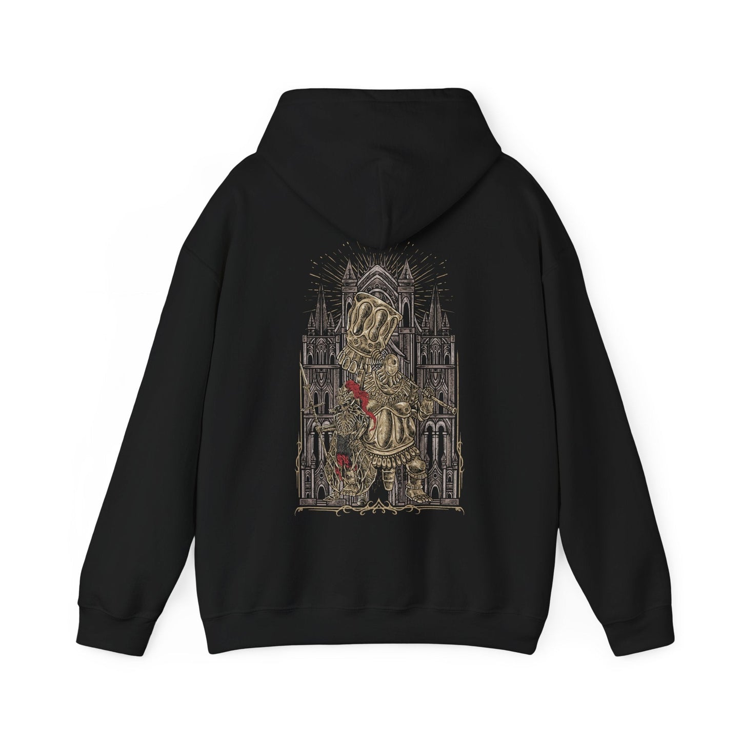 Image 5 of a Hooded Sweatshirt of Ornstein and Smough defending the throne of Anor Londo, their armor gleaming in the cathedral’s golden light. Ornstein’s lightning spear and Smough’s colossal hammer create a perfect storm of offense and defense. The gothic architecture, statues, and shadows convey the awe-inspiring danger and heroic challenge that define this iconic Dark Souls encounter.