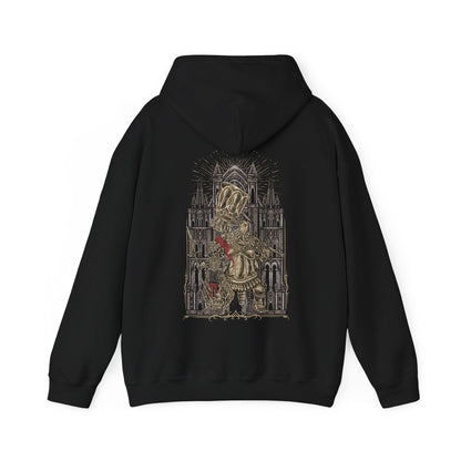 Image 5 of a Hooded Sweatshirt of Ornstein and Smough defending the throne of Anor Londo, their armor gleaming in the cathedral’s golden light. Ornstein’s lightning spear and Smough’s colossal hammer create a perfect storm of offense and defense. The gothic architecture, statues, and shadows convey the awe-inspiring danger and heroic challenge that define this iconic Dark Souls encounter.