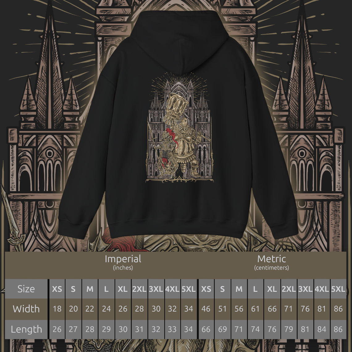 Size chart of a Hooded Sweatshirt of Ornstein and Smough defending the throne of Anor Londo, their armor gleaming in the cathedral’s golden light. Ornstein’s lightning spear and Smough’s colossal hammer create a perfect storm of offense and defense. The gothic architecture, statues, and shadows convey the awe-inspiring danger and heroic challenge that define this iconic Dark Souls encounter.