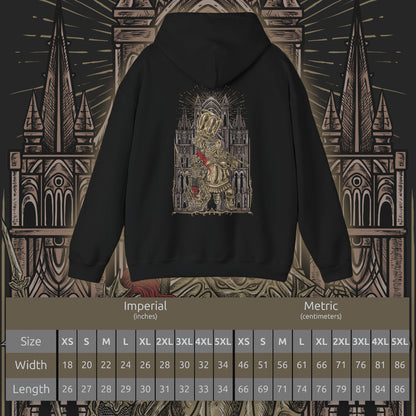 Size chart of a Hooded Sweatshirt of Ornstein and Smough defending the throne of Anor Londo, their armor gleaming in the cathedral’s golden light. Ornstein’s lightning spear and Smough’s colossal hammer create a perfect storm of offense and defense. The gothic architecture, statues, and shadows convey the awe-inspiring danger and heroic challenge that define this iconic Dark Souls encounter.