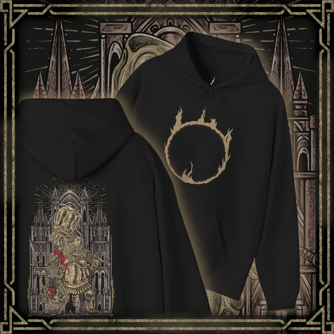 Thumbnail of a Hooded Sweatshirt of Ornstein and Smough defending the throne of Anor Londo, their armor gleaming in the cathedral’s golden light. Ornstein’s lightning spear and Smough’s colossal hammer create a perfect storm of offense and defense. The gothic architecture, statues, and shadows convey the awe-inspiring danger and heroic challenge that define this iconic Dark Souls encounter.