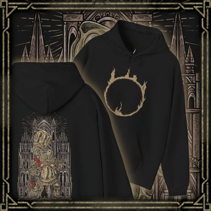 Thumbnail of a Hooded Sweatshirt of Ornstein and Smough defending the throne of Anor Londo, their armor gleaming in the cathedral’s golden light. Ornstein’s lightning spear and Smough’s colossal hammer create a perfect storm of offense and defense. The gothic architecture, statues, and shadows convey the awe-inspiring danger and heroic challenge that define this iconic Dark Souls encounter.