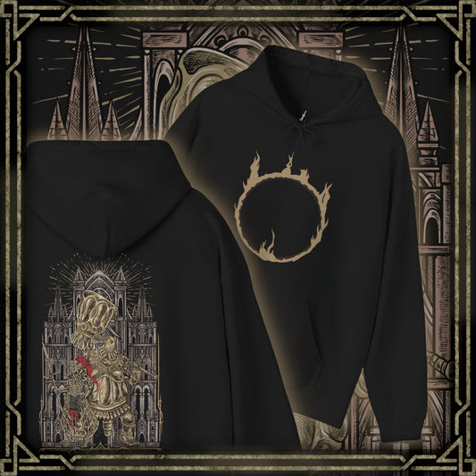 Thumbnail of a Hooded Sweatshirt of Ornstein and Smough defending the throne of Anor Londo, their armor gleaming in the cathedral’s golden light. Ornstein’s lightning spear and Smough’s colossal hammer create a perfect storm of offense and defense. The gothic architecture, statues, and shadows convey the awe-inspiring danger and heroic challenge that define this iconic Dark Souls encounter.