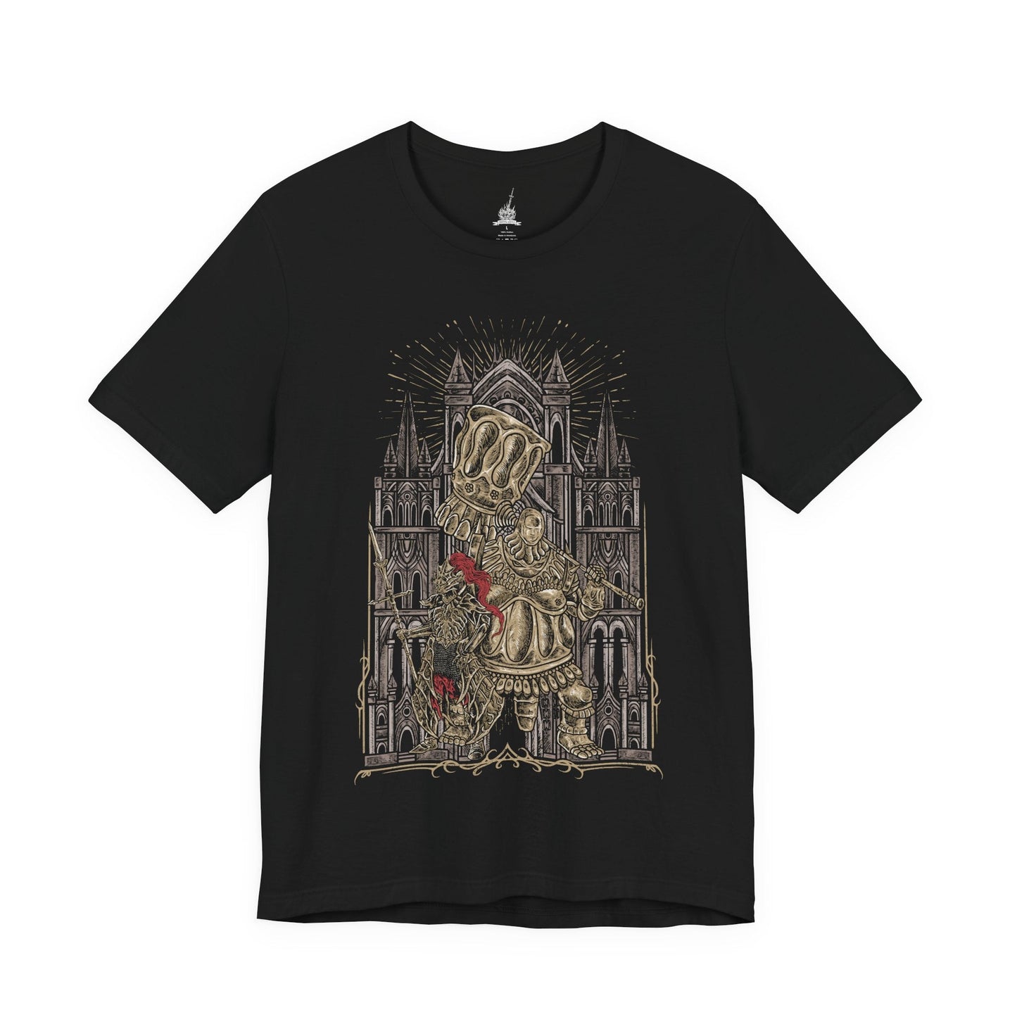 Image 4 of a T-shirt design of Ornstein and Smough from Dark Souls, the legendary duo defending Anor Londo’s cathedral. Ornstein wields his lightning spear with divine precision while Smough’s massive hammer crushes all in his path. Surrounded by gothic arches and golden light, the design captures the deadly synergy, grandeur, and challenge of one of the series’ most iconic boss fights.