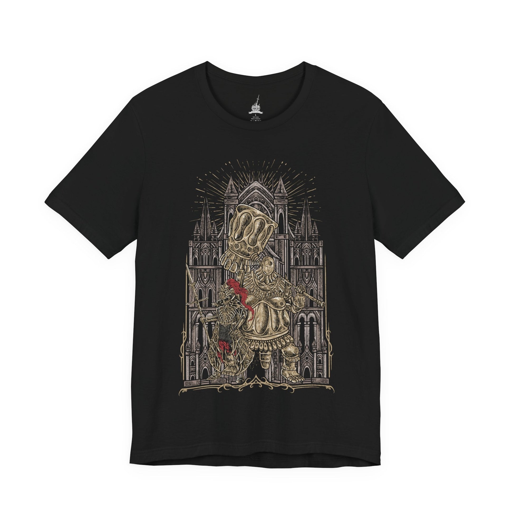 Image 4 of a T-shirt design of Ornstein and Smough from Dark Souls, the legendary duo defending Anor Londo’s cathedral. Ornstein wields his lightning spear with divine precision while Smough’s massive hammer crushes all in his path. Surrounded by gothic arches and golden light, the design captures the deadly synergy, grandeur, and challenge of one of the series’ most iconic boss fights.