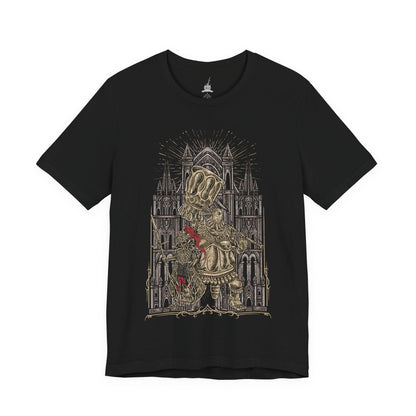 Image 4 of a T-shirt design of Ornstein and Smough from Dark Souls, the legendary duo defending Anor Londo’s cathedral. Ornstein wields his lightning spear with divine precision while Smough’s massive hammer crushes all in his path. Surrounded by gothic arches and golden light, the design captures the deadly synergy, grandeur, and challenge of one of the series’ most iconic boss fights.