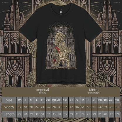 Size chart of a T-shirt design of Ornstein and Smough from Dark Souls, the legendary duo defending Anor Londo’s cathedral. Ornstein wields his lightning spear with divine precision while Smough’s massive hammer crushes all in his path. Surrounded by gothic arches and golden light, the design captures the deadly synergy, grandeur, and challenge of one of the series’ most iconic boss fights.