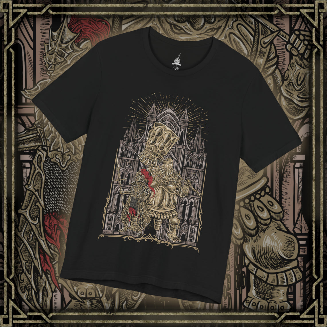 Thumbnail of a T-shirt design of Ornstein and Smough from Dark Souls, the legendary duo defending Anor Londo’s cathedral. Ornstein wields his lightning spear with divine precision while Smough’s massive hammer crushes all in his path. Surrounded by gothic arches and golden light, the design captures the deadly synergy, grandeur, and challenge of one of the series’ most iconic boss fights.