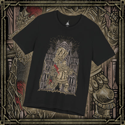 Thumbnail of a T-shirt design of Ornstein and Smough from Dark Souls, the legendary duo defending Anor Londo’s cathedral. Ornstein wields his lightning spear with divine precision while Smough’s massive hammer crushes all in his path. Surrounded by gothic arches and golden light, the design captures the deadly synergy, grandeur, and challenge of one of the series’ most iconic boss fights.