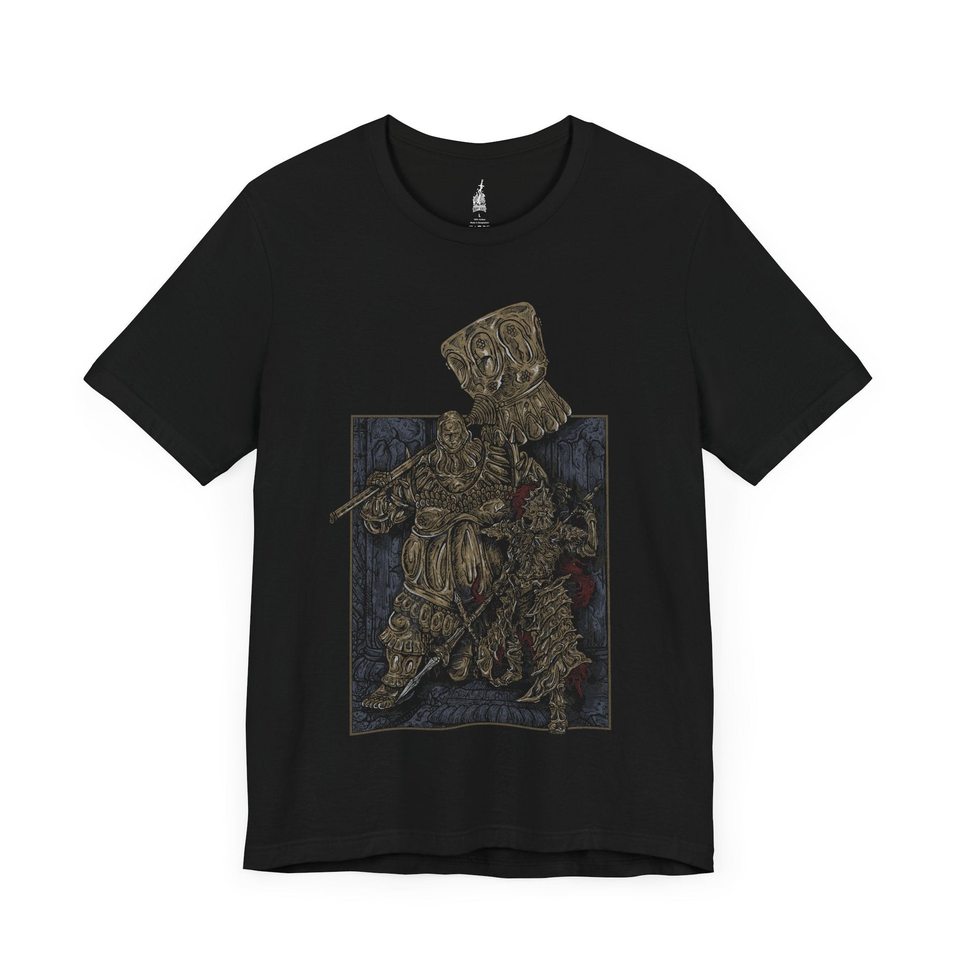 Image number 3 of a Black T-shirt featuring Dragon Slayer Ornstein and Executioner Smough from Dark Souls, showcasing the iconic duo in their legendary battle stances, perfect for fans who admire their imposing presence and challenging boss fight in Anor Londo.