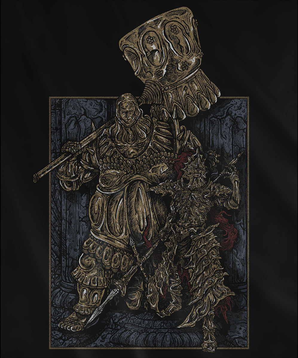 Design used for a T-shirt featuring Dragon Slayer Ornstein and Executioner Smough from Dark Souls, showcasing the iconic duo in their legendary battle stances, perfect for fans who admire their imposing presence and challenging boss fight in Anor Londo.