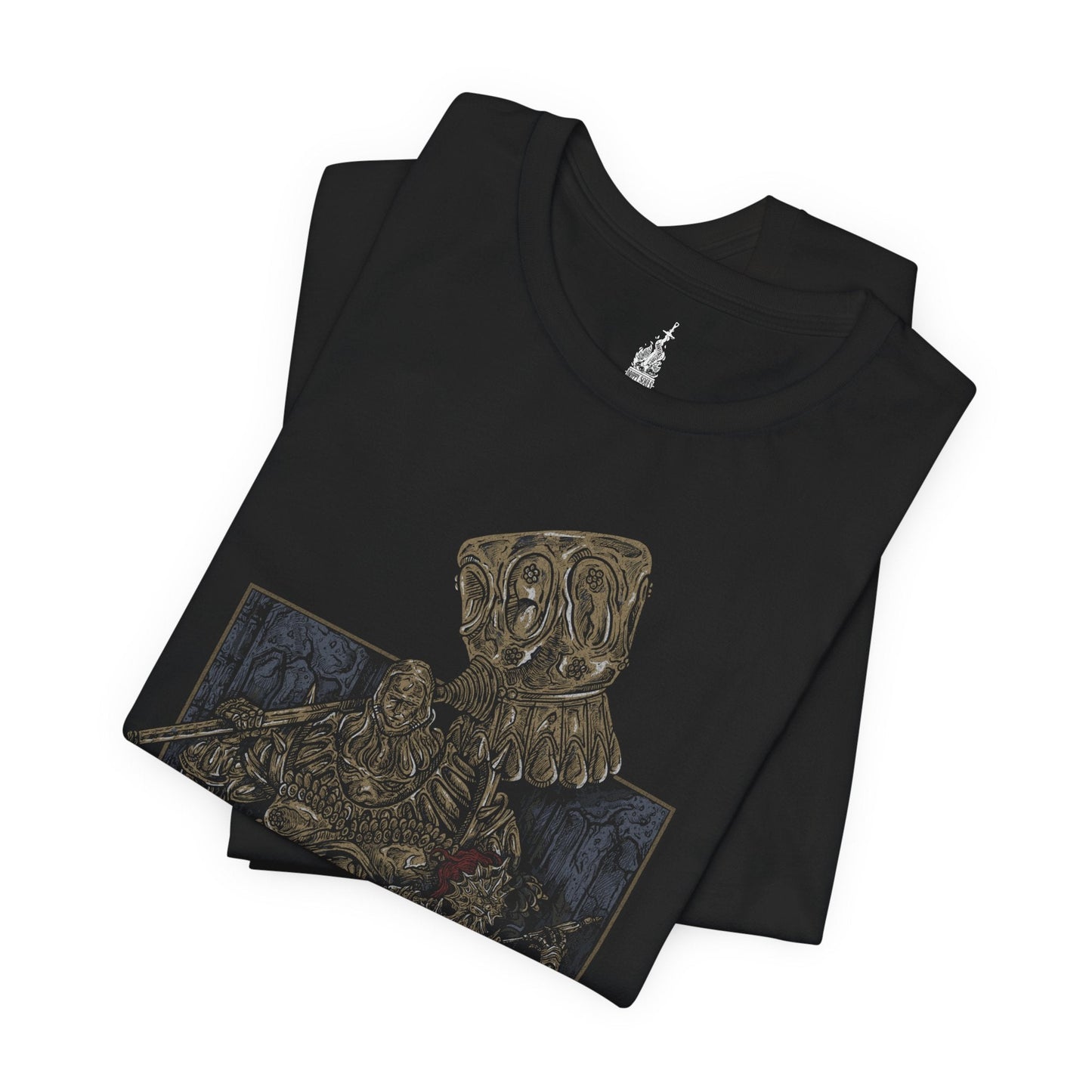 Folded T-shirt featuring Dragon Slayer Ornstein and Executioner Smough from Dark Souls, showcasing the iconic duo in their legendary battle stances, perfect for fans who admire their imposing presence and challenging boss fight in Anor Londo.