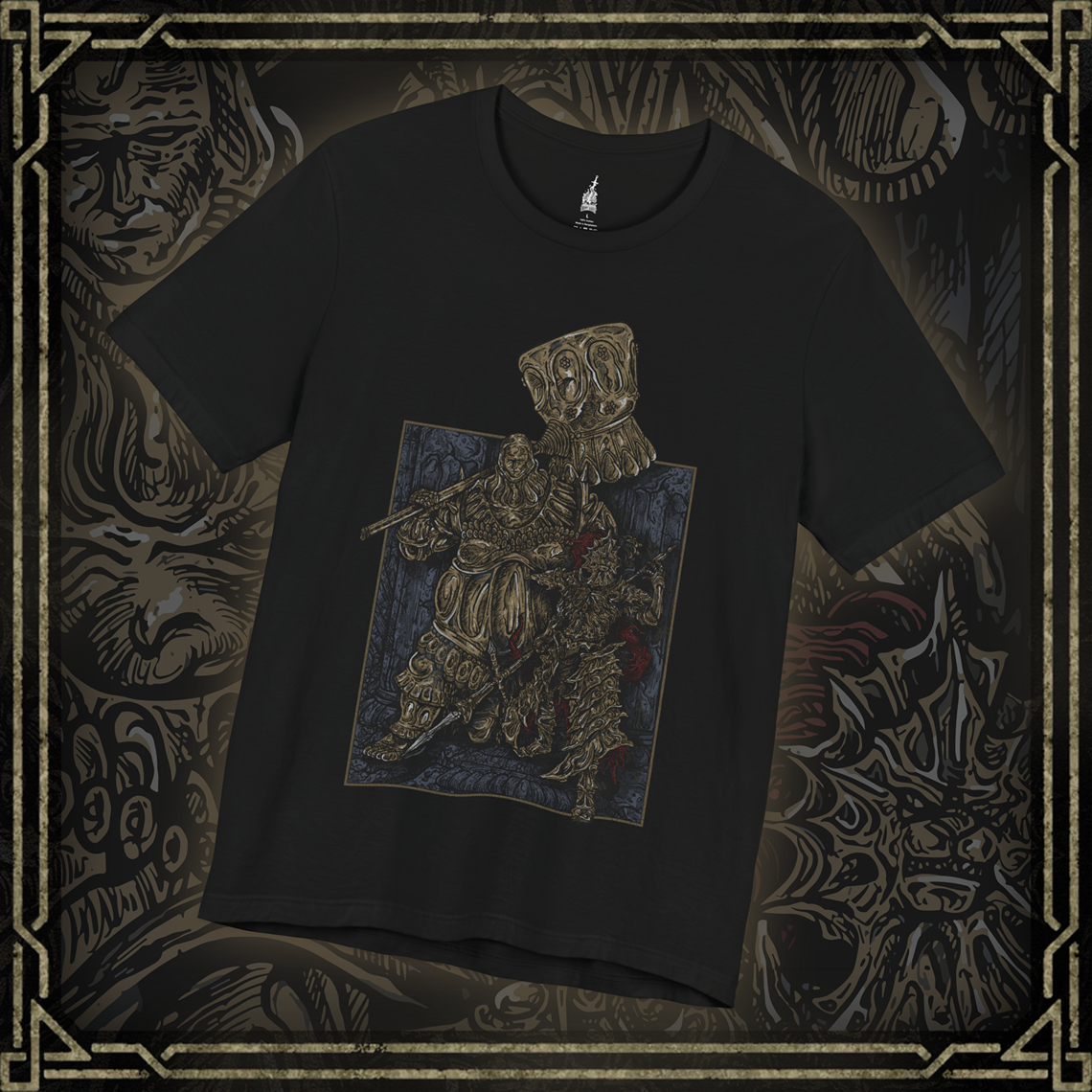 Thumbnail of a T-shirt featuring Dragon Slayer Ornstein and Executioner Smough from Dark Souls, showcasing the iconic duo in their legendary battle stances, perfect for fans who admire their imposing presence and challenging boss fight in Anor Londo.