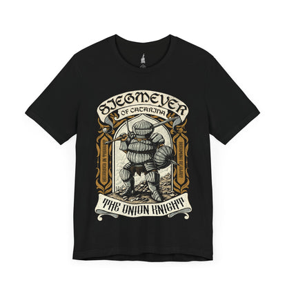 Image number 3 of a Black T-shirt featuring Siegmeyer of Catarina, the Onion Knight, in a vintage design, showcasing his iconic round helmet and hearty spirit, perfect for fans who admire his determination and memorable moments in Dark Souls.