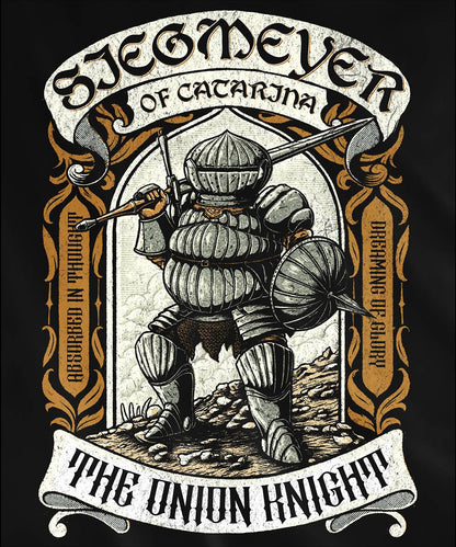 Design used for a T-shirt featuring Siegmeyer of Catarina, the Onion Knight, in a vintage design, showcasing his iconic round helmet and hearty spirit, perfect for fans who admire his determination and memorable moments in Dark Souls.