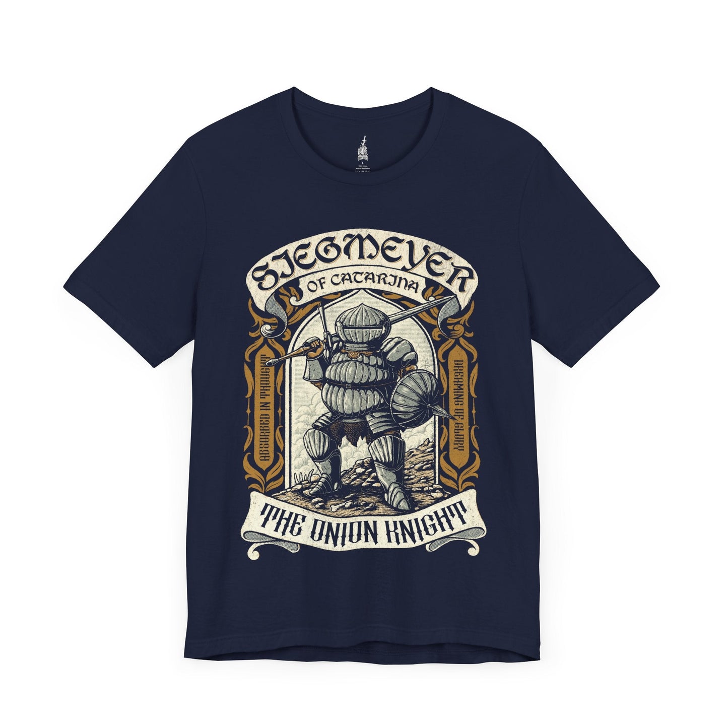 Image number 4 of a Navy T-shirt featuring Siegmeyer of Catarina, the Onion Knight, in a vintage design, showcasing his iconic round helmet and hearty spirit, perfect for fans who admire his determination and memorable moments in Dark Souls.