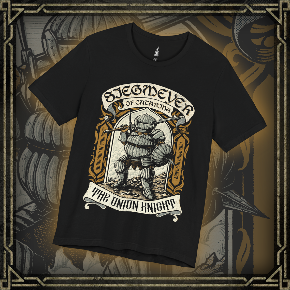 Thumbnail of a T-shirt featuring Siegmeyer of Catarina, the Onion Knight, in a vintage design, showcasing his iconic round helmet and hearty spirit, perfect for fans who admire his determination and memorable moments in Dark Souls.