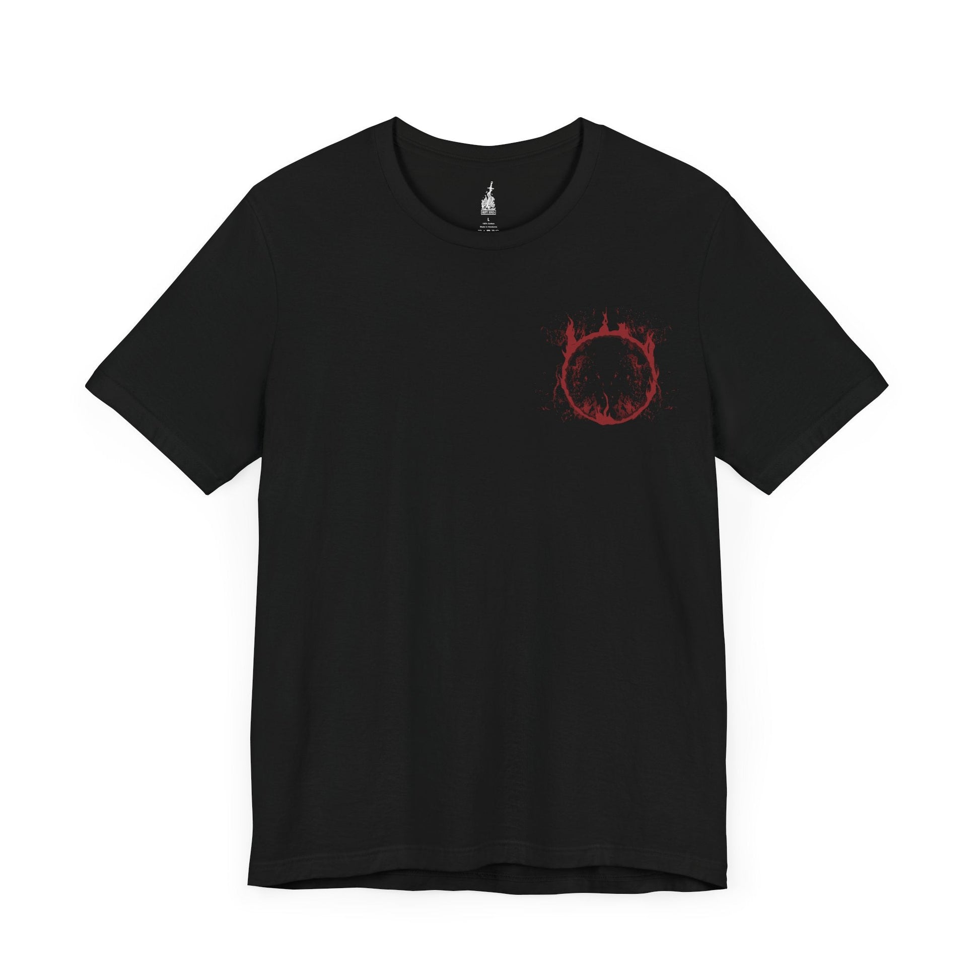 Image 3 of a Black T-shirt showcasing Slave Knight Gael from Dark Souls III, the loyal servant turned final boss of the Ringed City. Once humble and obedient, Gael becomes consumed by the very darkness he sought, his weathered armor and blood-soaked cape telling a story of sacrifice and corruption. This design honors Gael’s tragic journey as he devours the Pygmy Lords in search of the Dark Soul’s power.