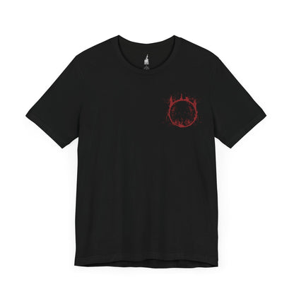 Image 3 of a Black T-shirt showcasing Slave Knight Gael from Dark Souls III, the loyal servant turned final boss of the Ringed City. Once humble and obedient, Gael becomes consumed by the very darkness he sought, his weathered armor and blood-soaked cape telling a story of sacrifice and corruption. This design honors Gael’s tragic journey as he devours the Pygmy Lords in search of the Dark Soul’s power.
