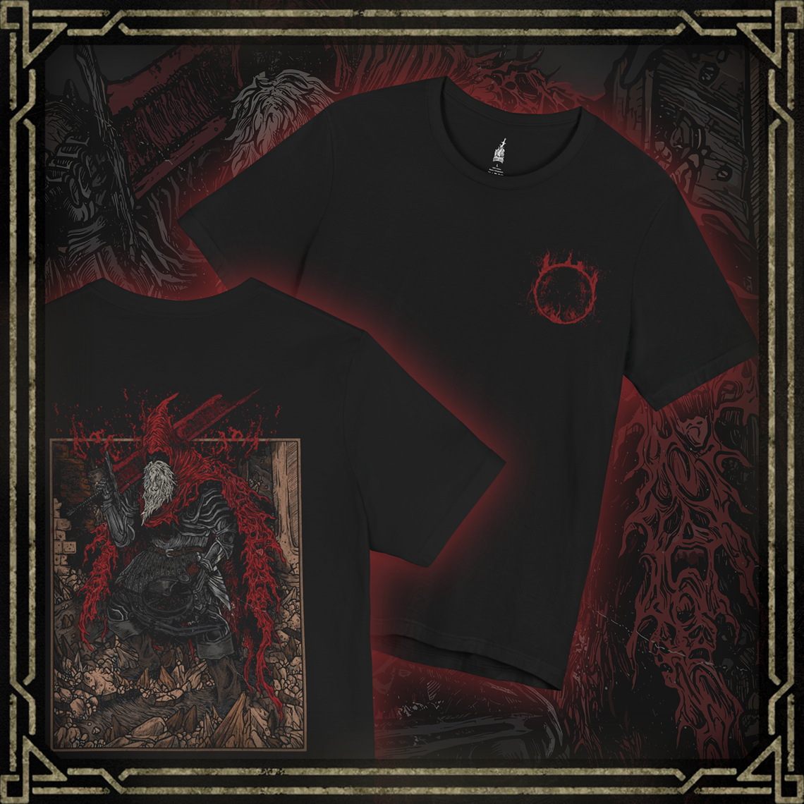 Thumbnail of a T-shirt showcasing Slave Knight Gael from Dark Souls III, the loyal servant turned final boss of the Ringed City. Once humble and obedient, Gael becomes consumed by the very darkness he sought, his weathered armor and blood-soaked cape telling a story of sacrifice and corruption. This design honors Gael’s tragic journey as he devours the Pygmy Lords in search of the Dark Soul’s power.