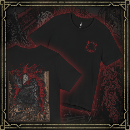 Thumbnail of a T-shirt showcasing Slave Knight Gael from Dark Souls III, the loyal servant turned final boss of the Ringed City. Once humble and obedient, Gael becomes consumed by the very darkness he sought, his weathered armor and blood-soaked cape telling a story of sacrifice and corruption. This design honors Gael’s tragic journey as he devours the Pygmy Lords in search of the Dark Soul’s power.