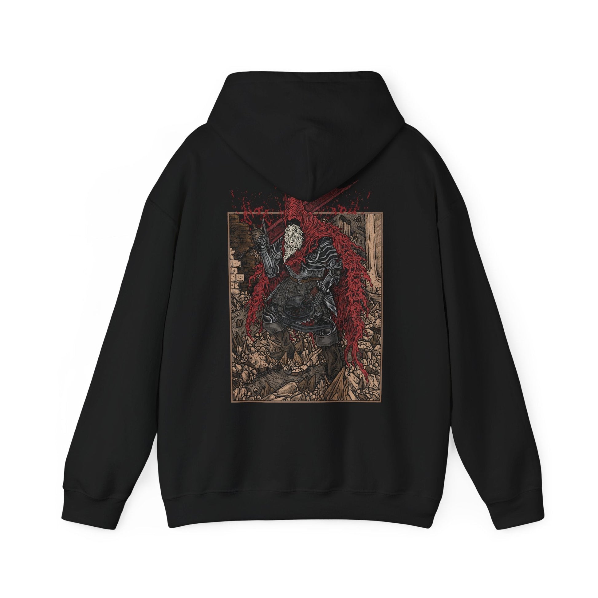 Image 5 of a Hooded Sweatshirt featuring Slave Knight Gael from Dark Souls 3, the last warrior standing at the end of the world. Gael’s worn, crimson-stained cloak and brute strength are iconic, as is his haunting descent into madness during the final battle. His quest for the Dark Soul, born of loyalty and despair, makes him one of the most memorable and heartbreaking characters in the entire Dark Souls saga.