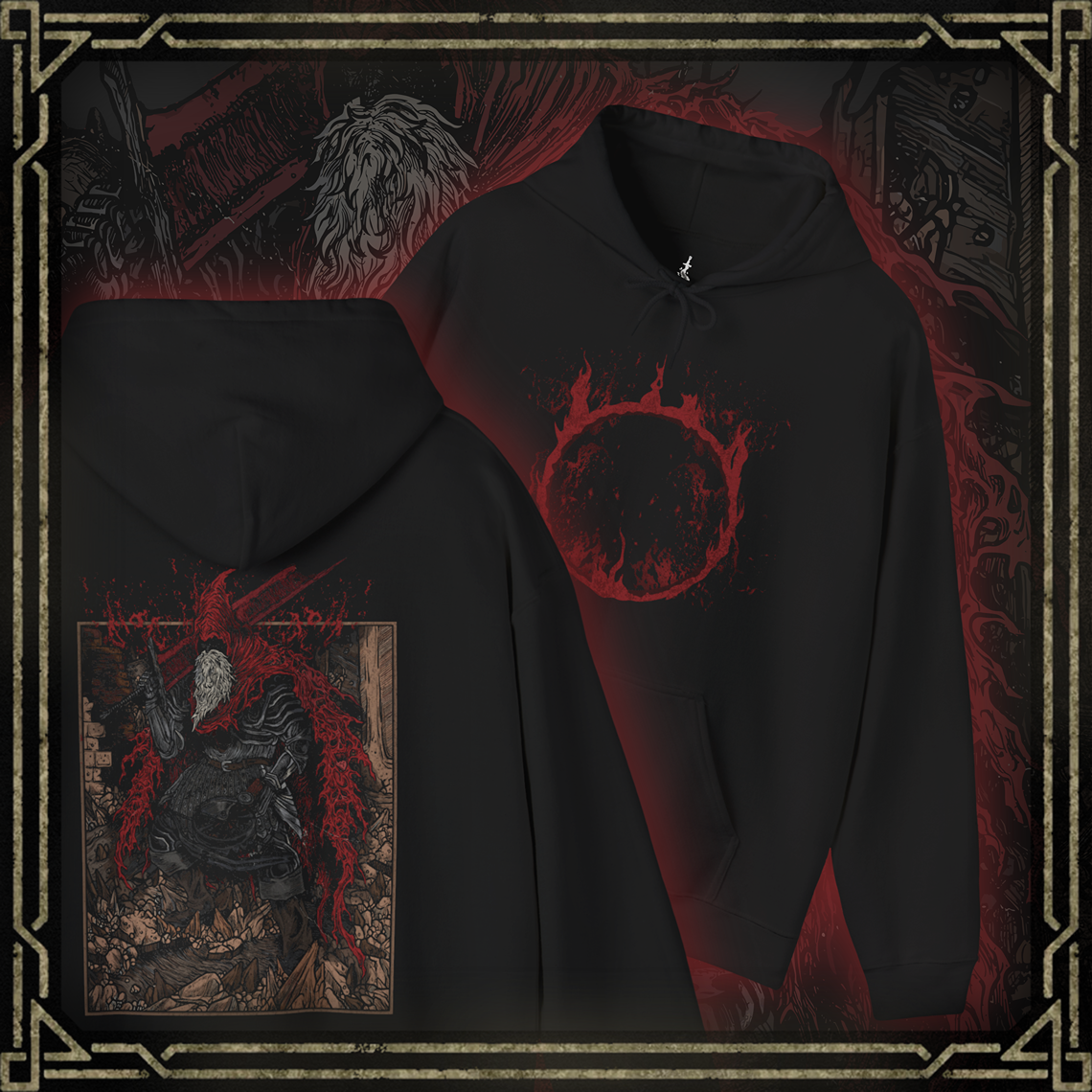 Thumbnail of a Hooded Sweatshirt featuring Slave Knight Gael from Dark Souls 3 in a grim design, capturing his battle-worn appearance and relentless pursuit of the Dark Soul, perfect for fans who appreciate his tragic journey and pivotal role in the final chapters of the Dark Souls saga.