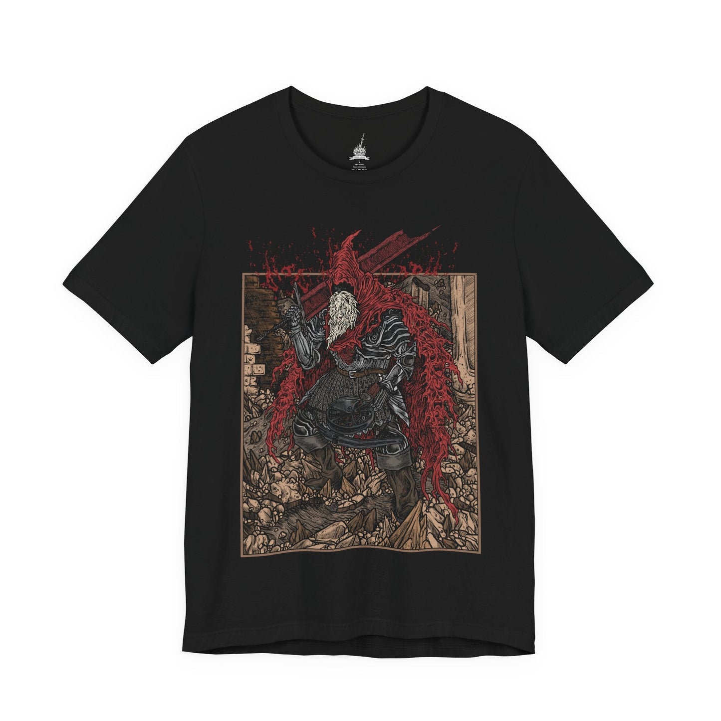 Image 4 of a T-shirt featuring Slave Knight Gael from Dark Souls 3, the relentless warrior who seeks the Dark Soul of Humanity. Clad in tattered red rags and dragging his massive greatsword, Gael traverses the ruins of a dying world, driven by a desperate mission to complete the Painter’s vision. His transformation into a near-divine force of rage marks one of the most intense and emotional final battles in the series.