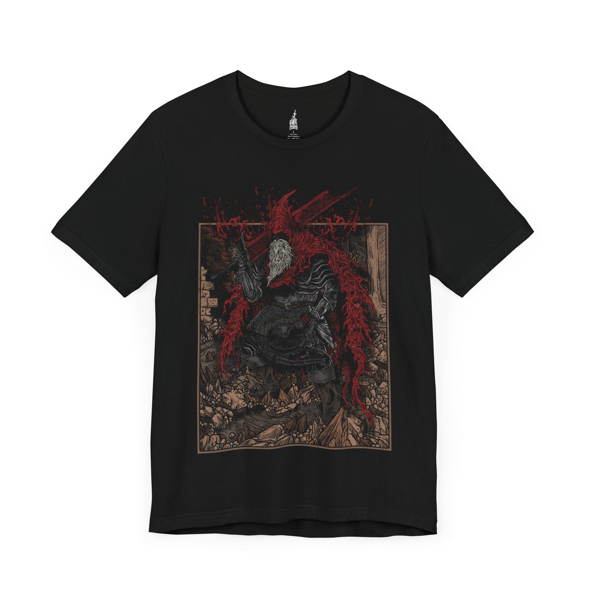 Image number 3 of a Black T-shirt featuring Slave Knight Gael from Dark Souls 3 in a grim design, capturing his battle-worn appearance and relentless pursuit of the Dark Soul, perfect for fans who appreciate his tragic journey and pivotal role in the final chapters of the Dark Souls saga.