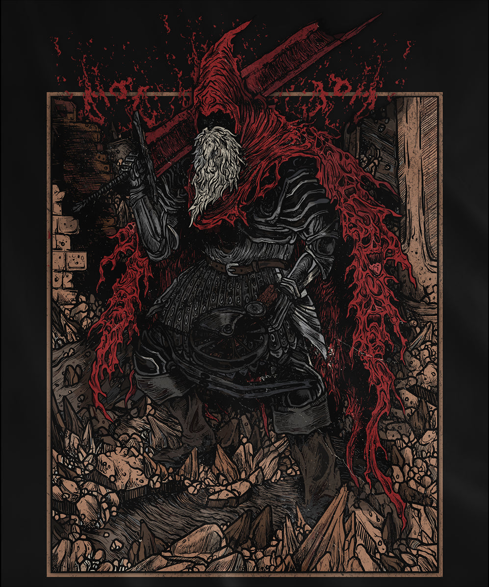 Design used for a T-shirt featuring Slave Knight Gael from Dark Souls 3 in a grim design, capturing his battle-worn appearance and relentless pursuit of the Dark Soul, perfect for fans who appreciate his tragic journey and pivotal role in the final chapters of the Dark Souls saga.