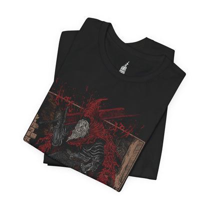 Folded T-shirt featuring Slave Knight Gael from Dark Souls 3 in a grim design, capturing his battle-worn appearance and relentless pursuit of the Dark Soul, perfect for fans who appreciate his tragic journey and pivotal role in the final chapters of the Dark Souls saga.