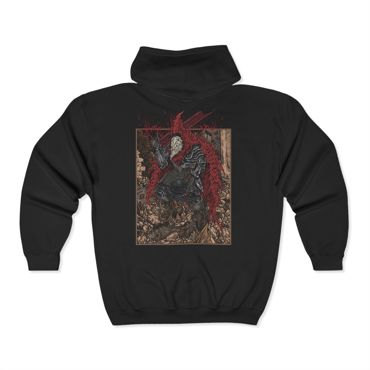 Folded Zip-up Hooded Sweatshirt showcasing Slave Knight Gael, the loyal servant turned forsaken hunter in Dark Souls III: The Ringed City. Gael’s quest to find the pigment for his lady leads him to consume the Dark Soul itself. This artwork highlights his ravaged form, blood-soaked cloak, and desperate strength—symbolizing the culmination of mankind’s legacy and the end of fire.