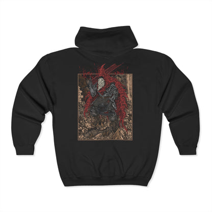 Folded Zip-up Hooded Sweatshirt showcasing Slave Knight Gael, the loyal servant turned forsaken hunter in Dark Souls III: The Ringed City. Gael’s quest to find the pigment for his lady leads him to consume the Dark Soul itself. This artwork highlights his ravaged form, blood-soaked cloak, and desperate strength—symbolizing the culmination of mankind’s legacy and the end of fire.