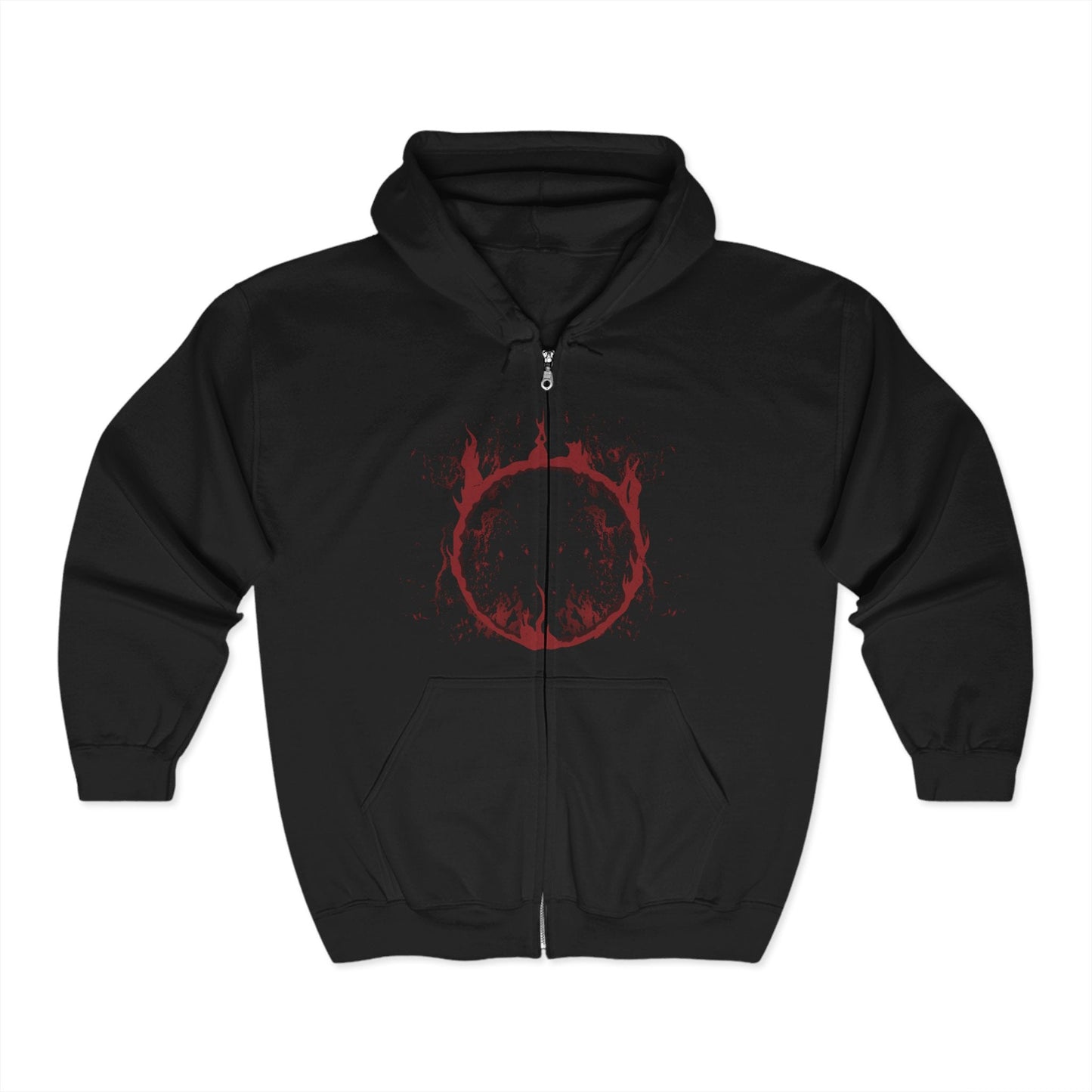 Image 3 of a S Zip-up Hooded Sweatshirt showcasing Slave Knight Gael, the loyal servant turned forsaken hunter in Dark Souls III: The Ringed City. Gael’s quest to find the pigment for his lady leads him to consume the Dark Soul itself. This artwork highlights his ravaged form, blood-soaked cloak, and desperate strength—symbolizing the culmination of mankind’s legacy and the end of fire.