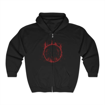 Image 3 of a S Zip-up Hooded Sweatshirt showcasing Slave Knight Gael, the loyal servant turned forsaken hunter in Dark Souls III: The Ringed City. Gael’s quest to find the pigment for his lady leads him to consume the Dark Soul itself. This artwork highlights his ravaged form, blood-soaked cloak, and desperate strength—symbolizing the culmination of mankind’s legacy and the end of fire.