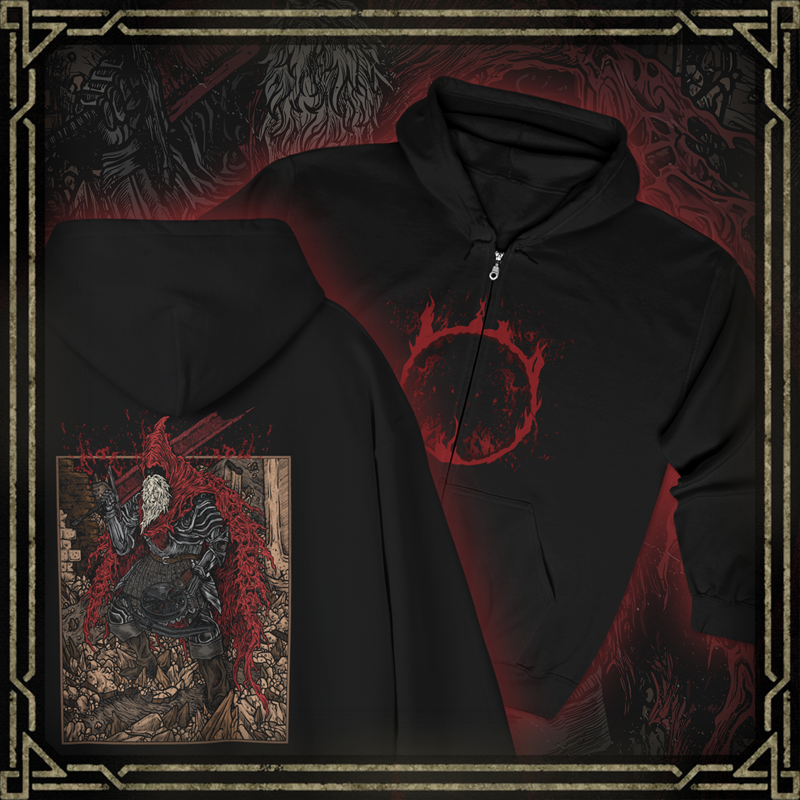 Thumbnail of a Zip-up Hooded Sweatshirt showcasing Slave Knight Gael, the loyal servant turned forsaken hunter in Dark Souls III: The Ringed City. Gael’s quest to find the pigment for his lady leads him to consume the Dark Soul itself. This artwork highlights his ravaged form, blood-soaked cloak, and desperate strength—symbolizing the culmination of mankind’s legacy and the end of fire.
