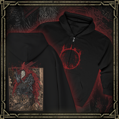 Thumbnail of a Zip-up Hooded Sweatshirt showcasing Slave Knight Gael, the loyal servant turned forsaken hunter in Dark Souls III: The Ringed City. Gael’s quest to find the pigment for his lady leads him to consume the Dark Soul itself. This artwork highlights his ravaged form, blood-soaked cloak, and desperate strength—symbolizing the culmination of mankind’s legacy and the end of fire.