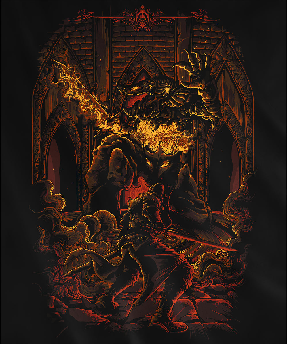 Design used for a Hooded Sweatshirt featuring the Smelter Demon from Dark Souls 2, showcasing its molten, armored form and fiery power, perfect for fans who enjoy the intense challenge and iconic design of this formidable boss.