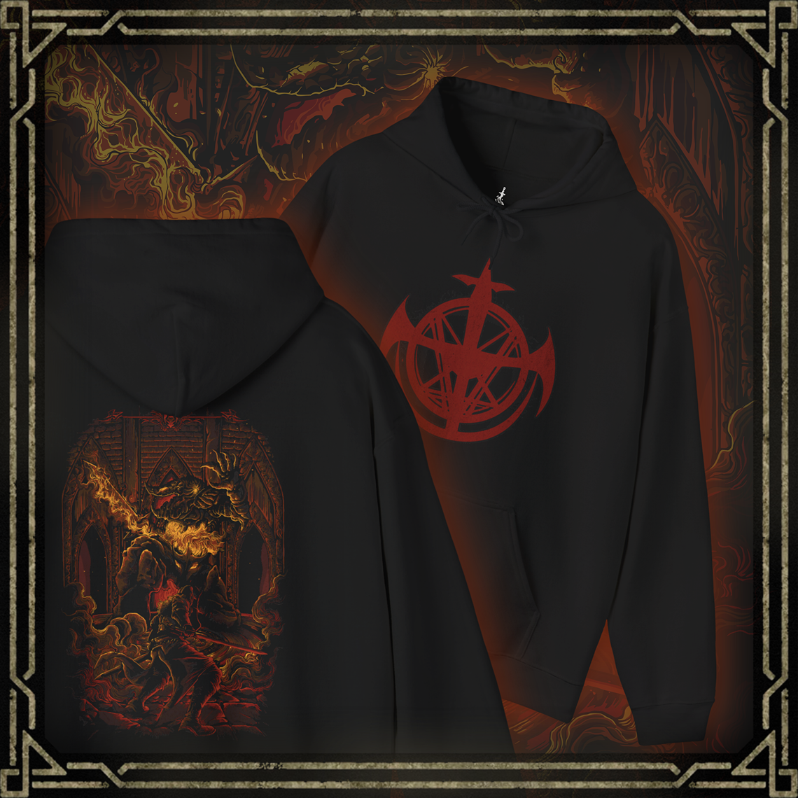 Thumbnail of a Hooded Sweatshirt featuring the Smelter Demon from Dark Souls 2, showcasing its molten, armored form and fiery power, perfect for fans who enjoy the intense challenge and iconic design of this formidable boss.