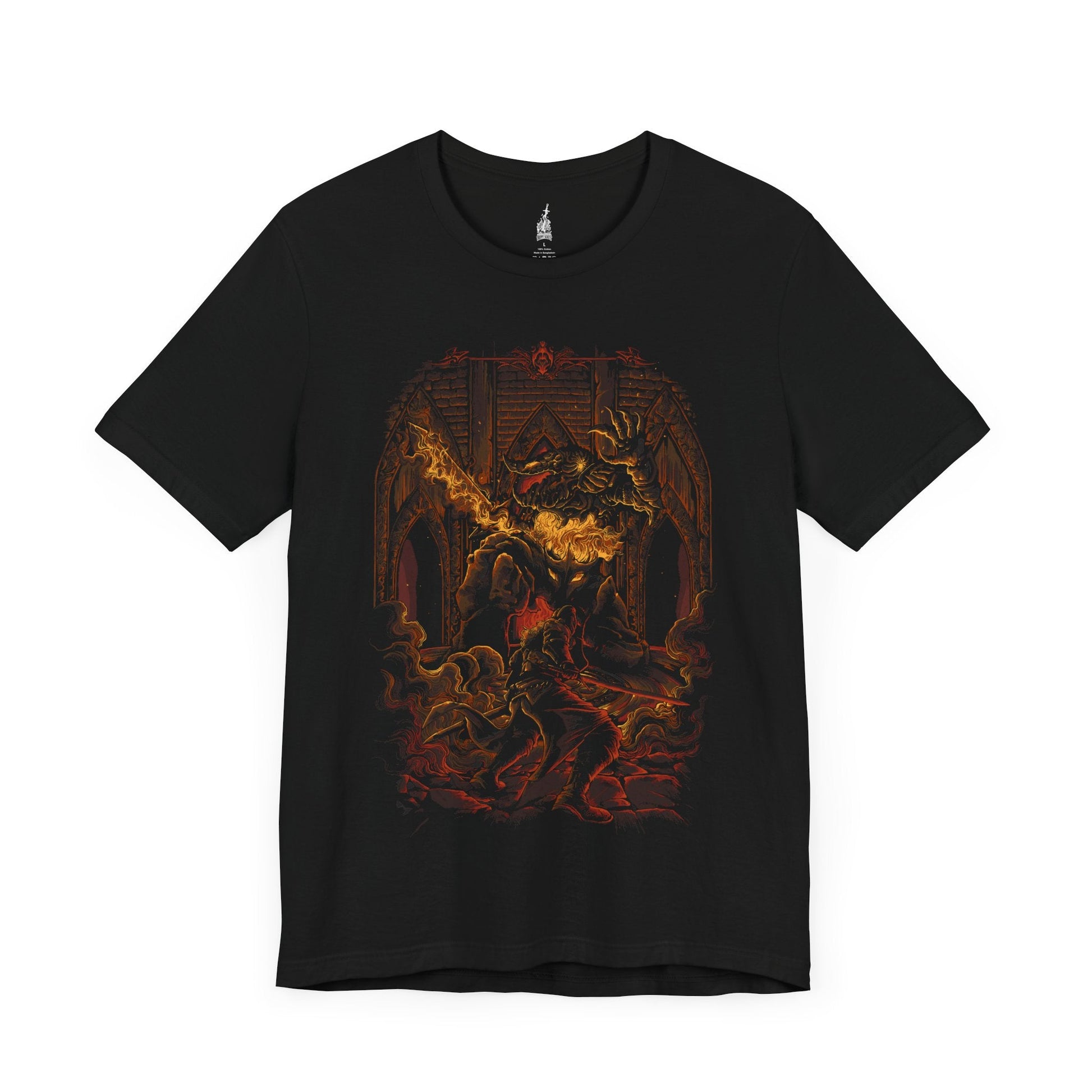 Image number 3 of a Black T-shirt featuring the Smelter Demon from Dark Souls 2, showcasing its molten, armored form and fiery power, perfect for fans who enjoy the intense challenge and iconic design of this formidable boss.