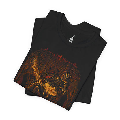 Folded T-shirt featuring the Smelter Demon from Dark Souls 2, showcasing its molten, armored form and fiery power, perfect for fans who enjoy the intense challenge and iconic design of this formidable boss.