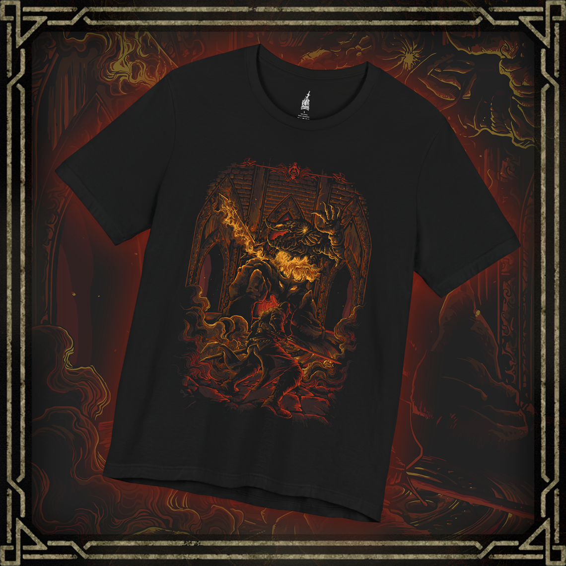 Thumbnail of a T-shirt featuring the Smelter Demon from Dark Souls 2, showcasing its molten, armored form and fiery power, perfect for fans who enjoy the intense challenge and iconic design of this formidable boss.