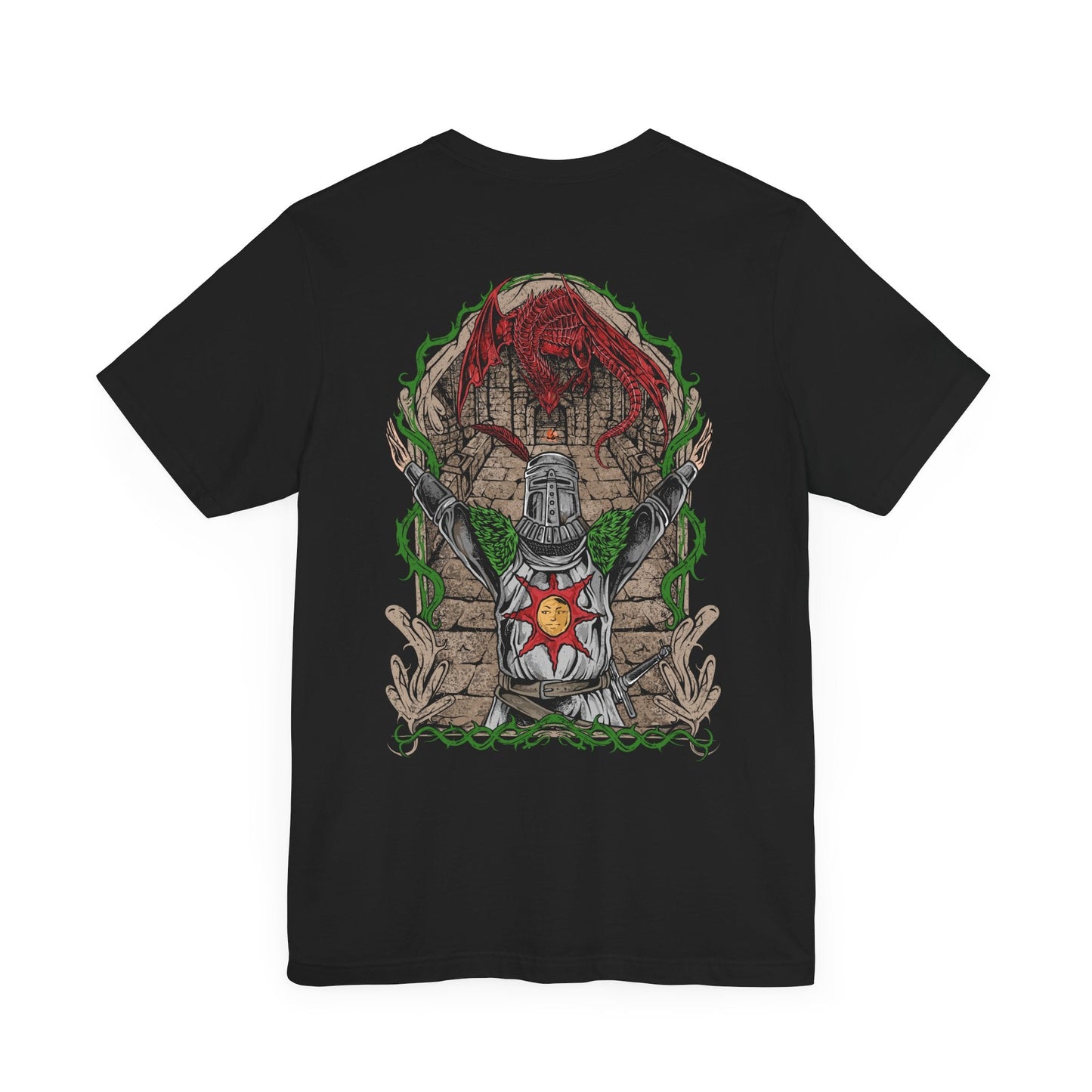 Image 4 of a T-shirt featuring Solaire of Astora from Dark Souls, the ever-hopeful knight on a quest to find his own sun. Clad in distinct armor bearing the radiant sun emblem, Solaire stands as a symbol of jolly cooperation in a bleak world. This design captures his iconic pose—arms raised in joyful praise beneath a golden sky.