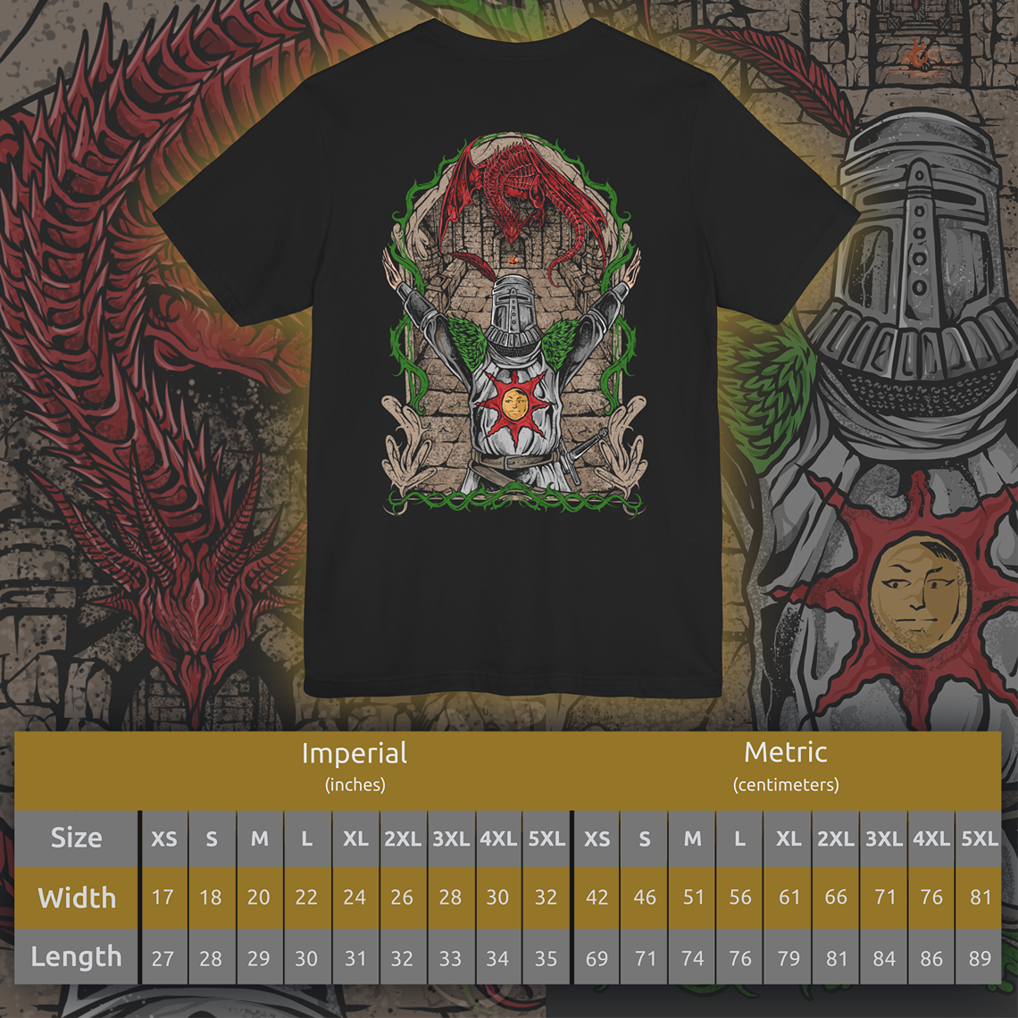 Size chart of a T-shirt featuring Solaire of Astora from Dark Souls, the ever-hopeful knight on a quest to find his own sun. Clad in distinct armor bearing the radiant sun emblem, Solaire stands as a symbol of jolly cooperation in a bleak world. This design captures his iconic pose—arms raised in joyful praise beneath a golden sky.