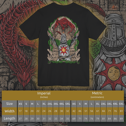 Size chart of a T-shirt featuring Solaire of Astora from Dark Souls, the ever-hopeful knight on a quest to find his own sun. Clad in distinct armor bearing the radiant sun emblem, Solaire stands as a symbol of jolly cooperation in a bleak world. This design captures his iconic pose—arms raised in joyful praise beneath a golden sky.