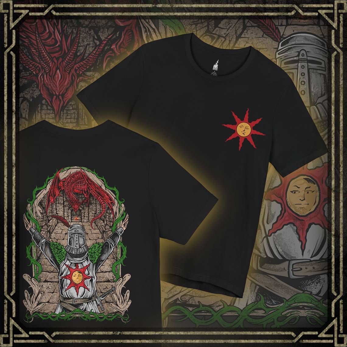 Thumbnail of a T-shirt featuring Solaire of Astora from Dark Souls, the ever-hopeful knight on a quest to find his own sun. Clad in distinct armor bearing the radiant sun emblem, Solaire stands as a symbol of jolly cooperation in a bleak world. This design captures his iconic pose—arms raised in joyful praise beneath a golden sky.