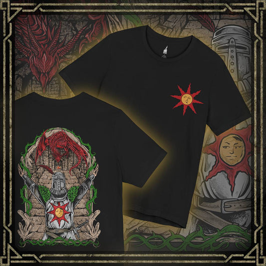 Thumbnail of a T-shirt featuring Solaire of Astora from Dark Souls, the ever-hopeful knight on a quest to find his own sun. Clad in distinct armor bearing the radiant sun emblem, Solaire stands as a symbol of jolly cooperation in a bleak world. This design captures his iconic pose—arms raised in joyful praise beneath a golden sky.