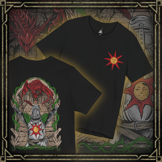 Thumbnail of a T-shirt featuring Solaire of Astora from Dark Souls, the ever-hopeful knight on a quest to find his own sun. Clad in distinct armor bearing the radiant sun emblem, Solaire stands as a symbol of jolly cooperation in a bleak world. This design captures his iconic pose—arms raised in joyful praise beneath a golden sky.